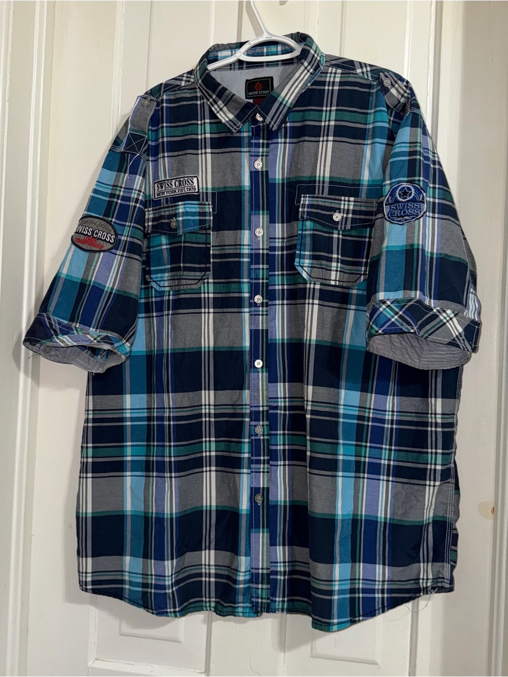 Men's Swiss cross size 5X Blue Plaid Button-Up Shirt blue